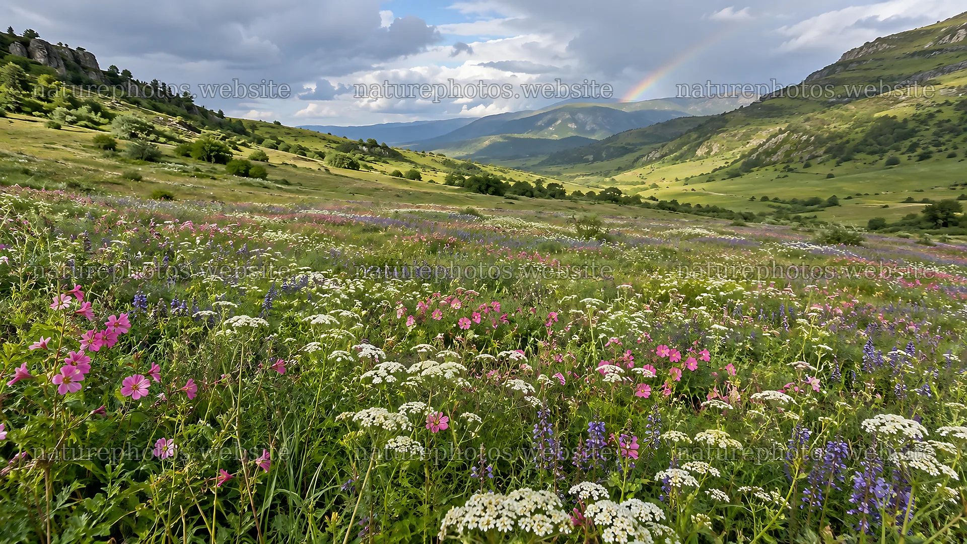 Wildflowers Across a Mountain Meadow Beneath a Rainbow – nature photos 10324x5812