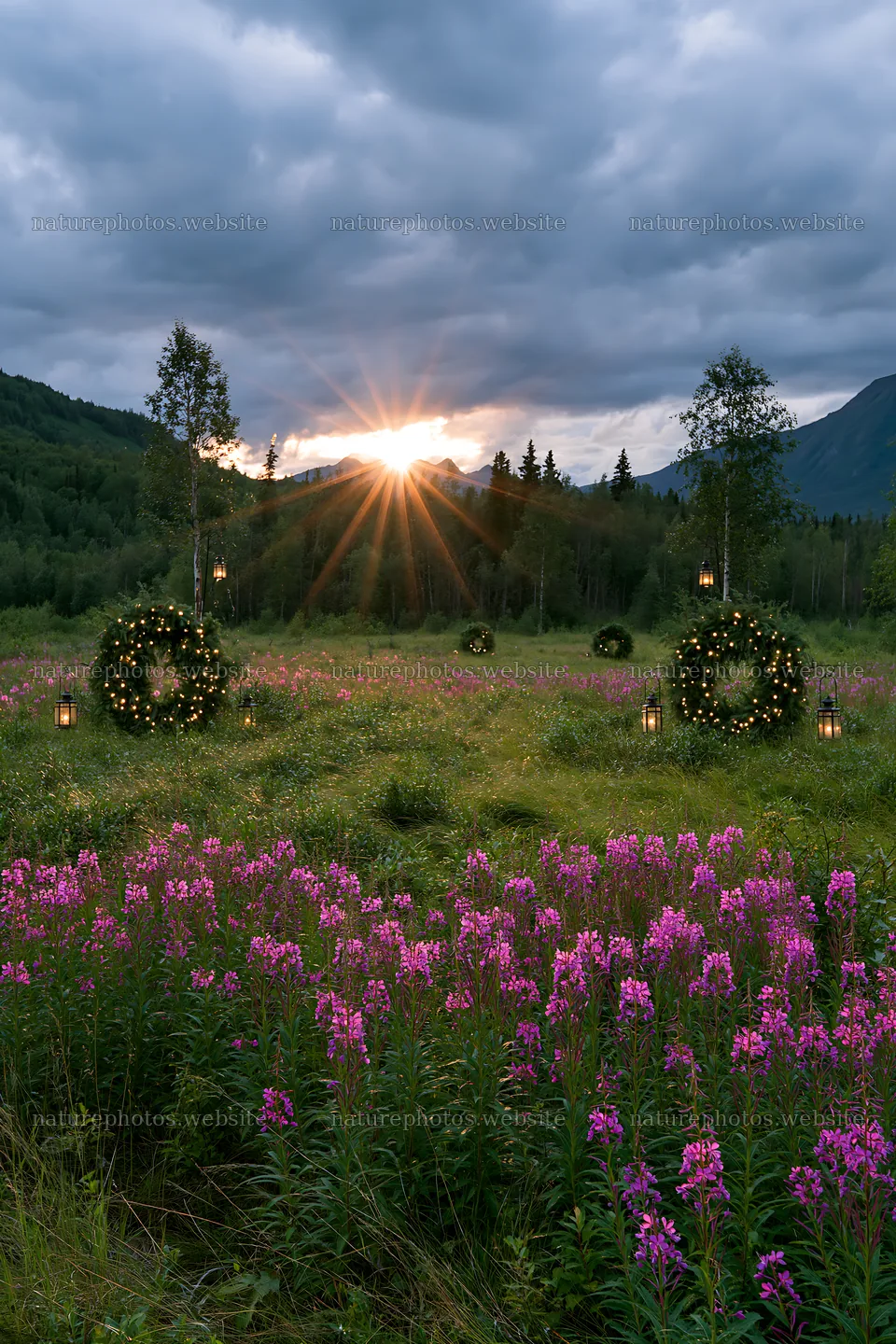 Christmas wreaths in meadow with clouds and light rays – nature photos 6480x9722