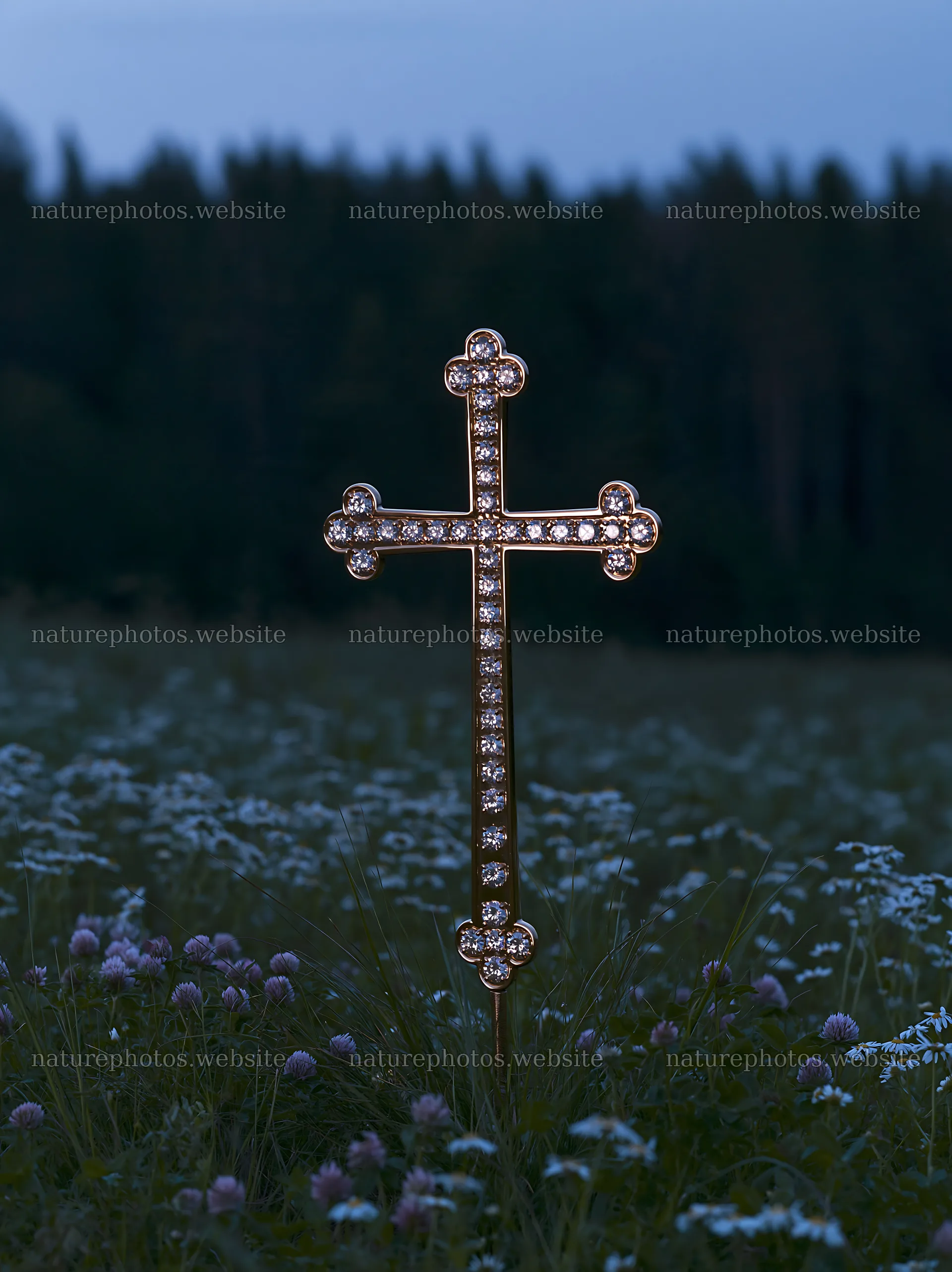 Christian cross stands in a meadow during blue hour – nature photos 6866x9174