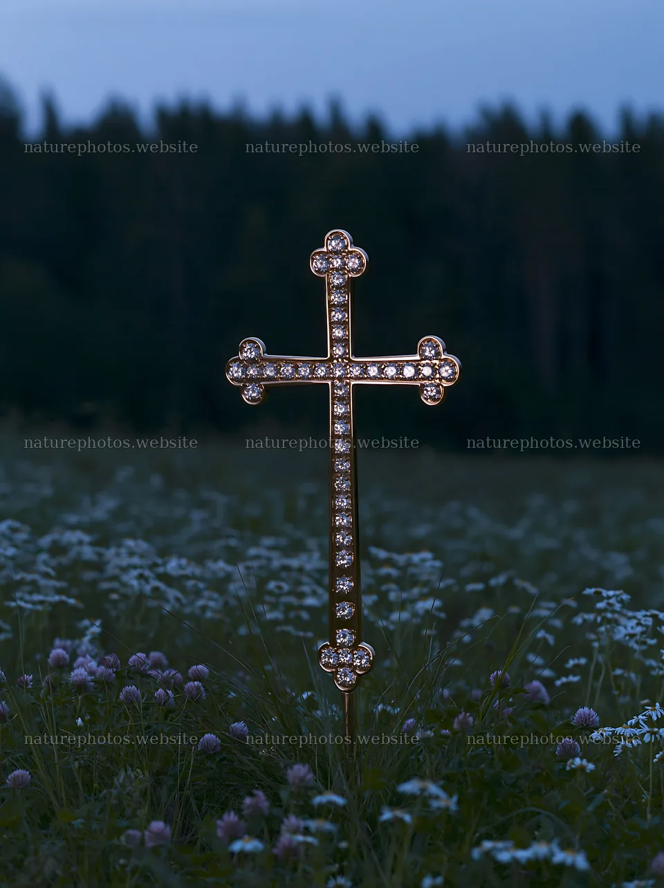 Christian cross stands in a meadow during blue hour – nature photos 6866x9174