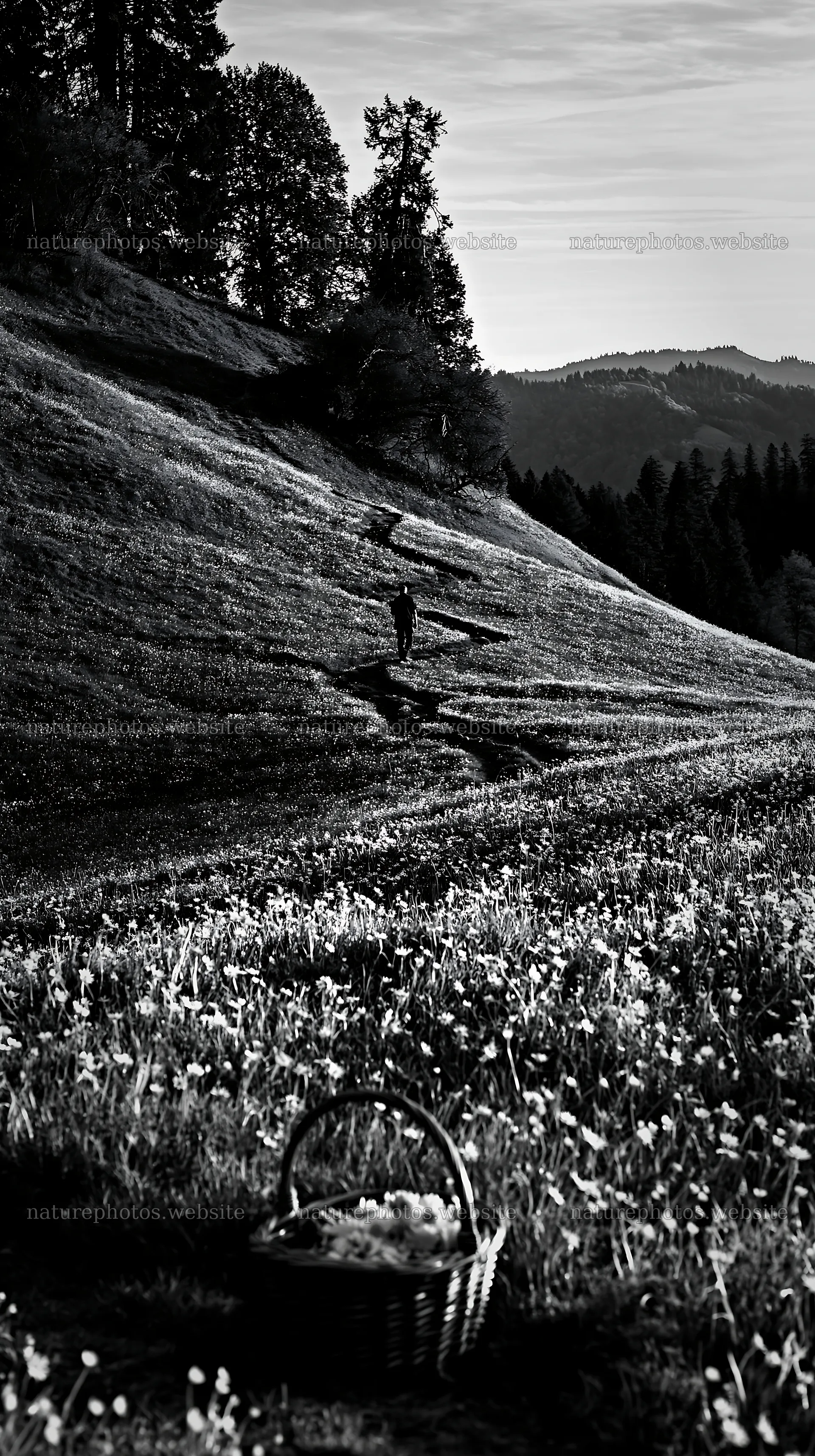 Easter basket in flowering meadow with hiker walking – nature photos 5938x10608