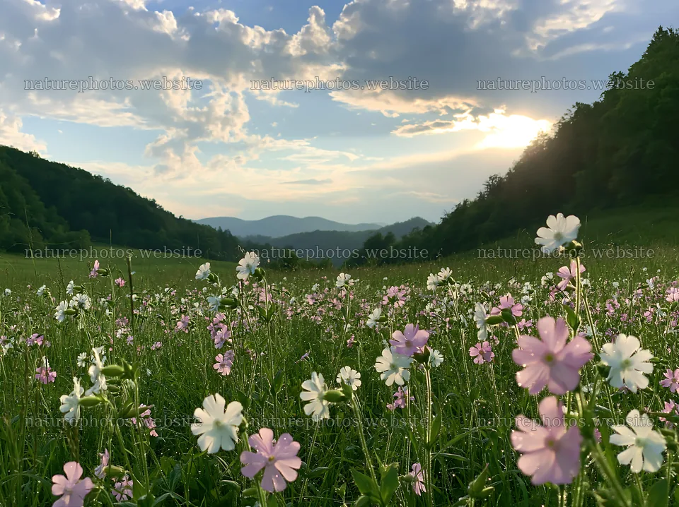 Hungarian meadow along wooded valley with blooming flowers – nature photos 9174x6866
