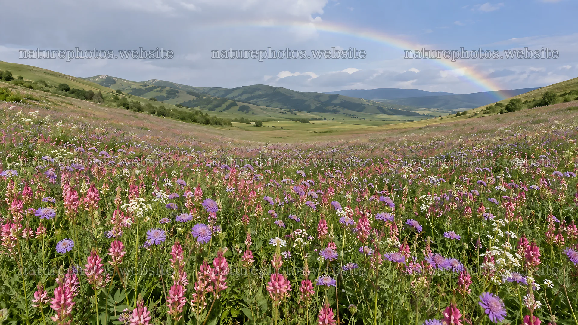 Wildflower Meadow Beneath a Rainbow Over Rolling Hills – nature photos 10324x5812