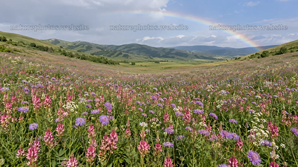 Wildflower Meadow Beneath a Rainbow Over Rolling Hills – nature photos 10324x5812