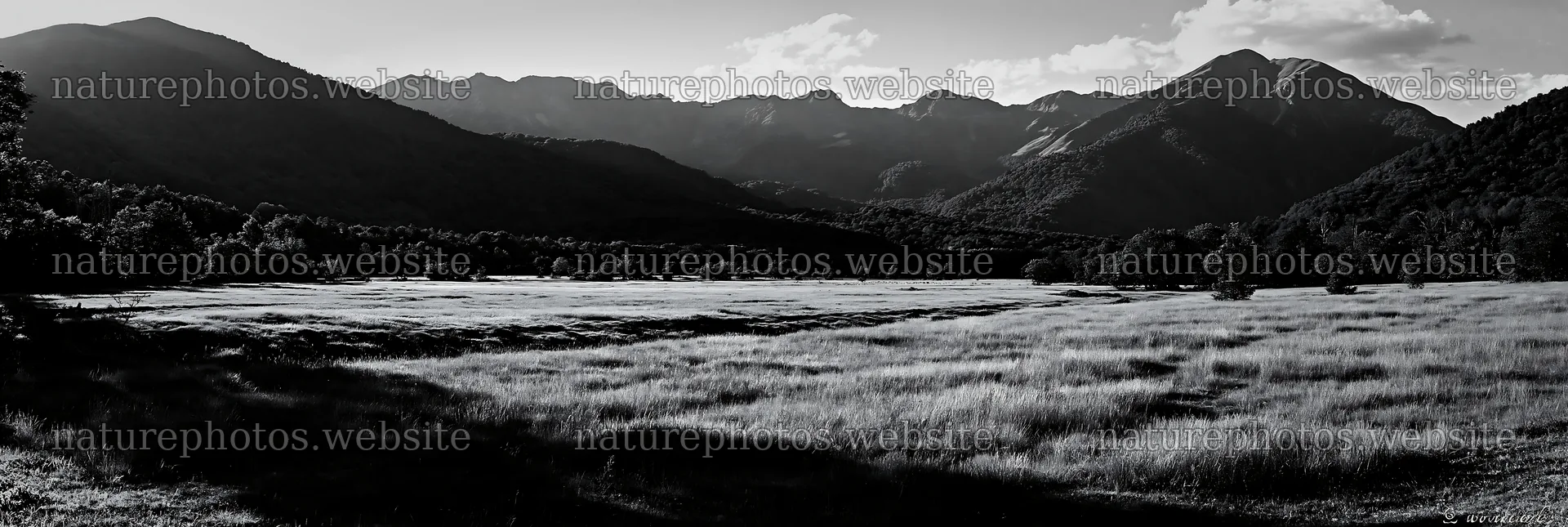 French meadow below Pyrenees range with mountains in the background – nature photos 13690x4602