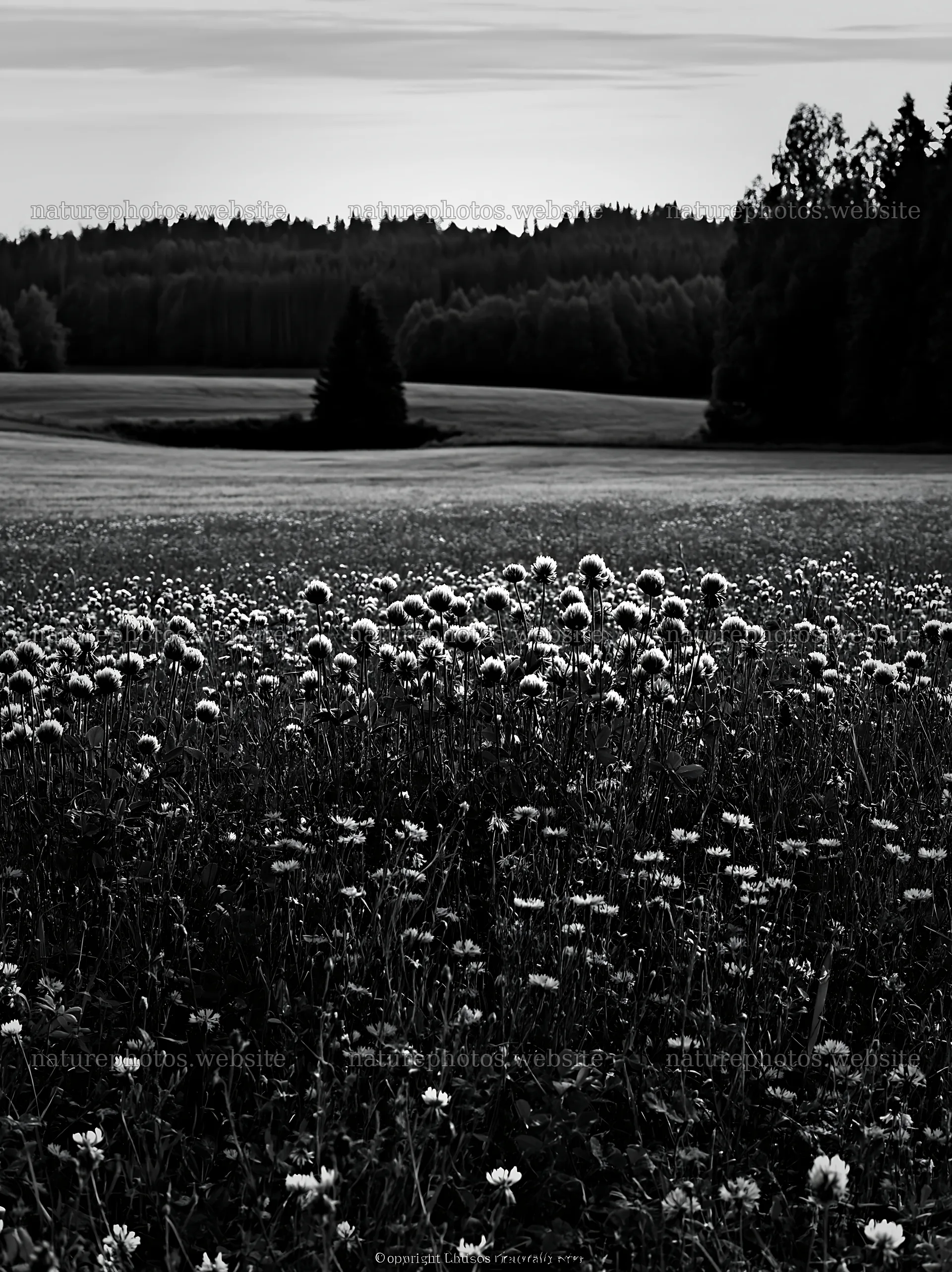 Clover cornflower meadow in black and white landscape – nature photos 6866x9174