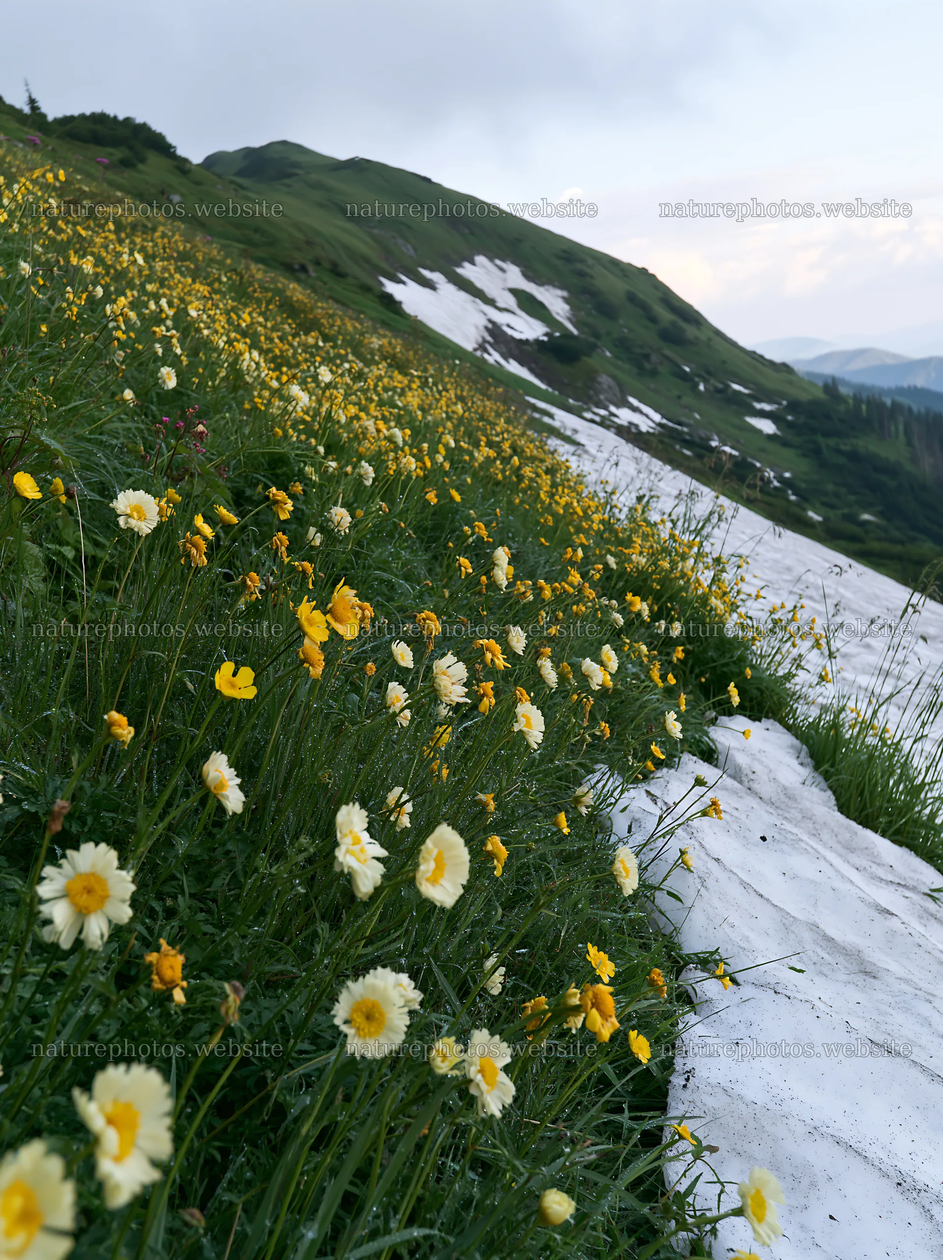 Snowdrift meadow with yellow and white flowers on a hillside – nature photos 6866x9174
