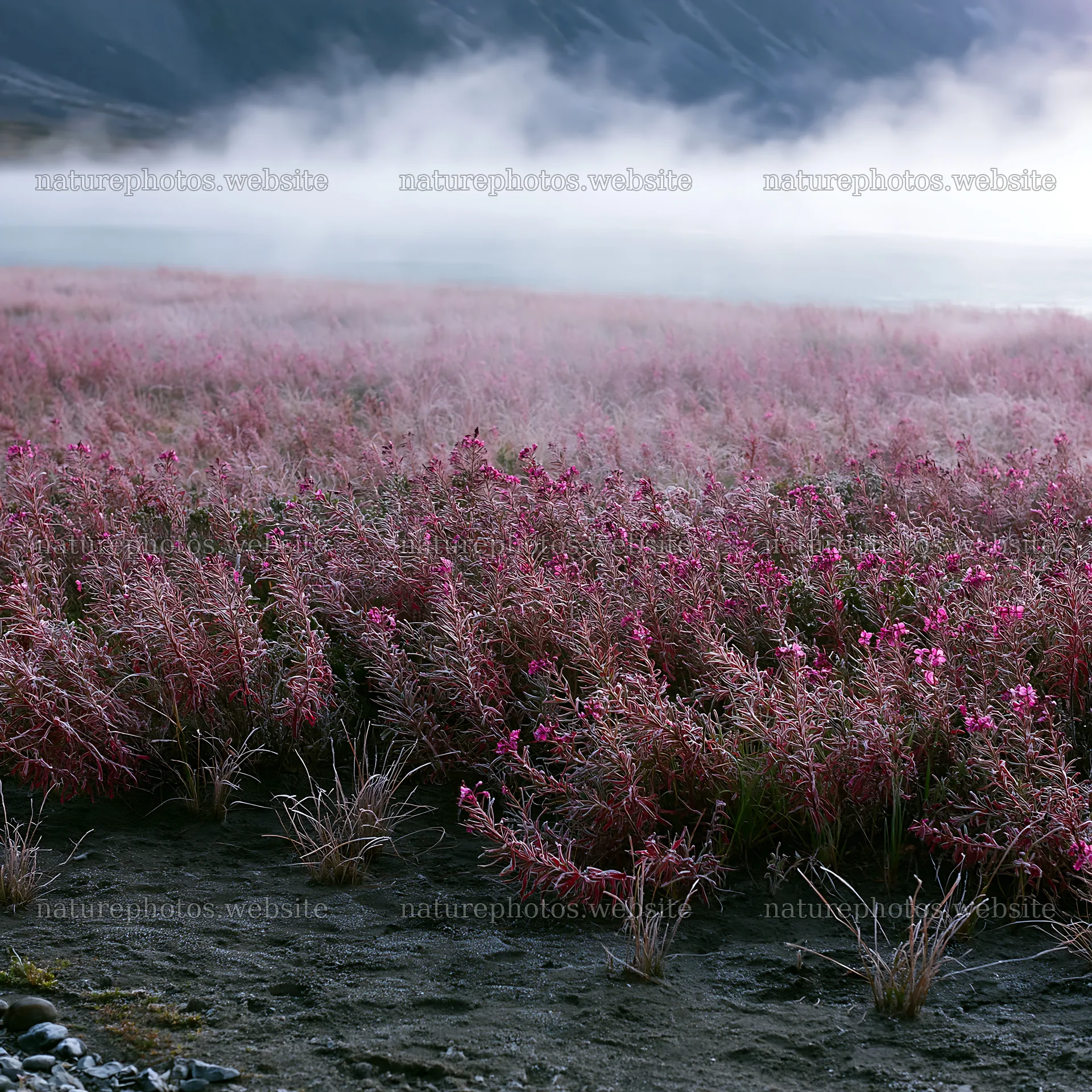 Frozen tarn meadow with pink flowers in mist – nature photos 7938x7938