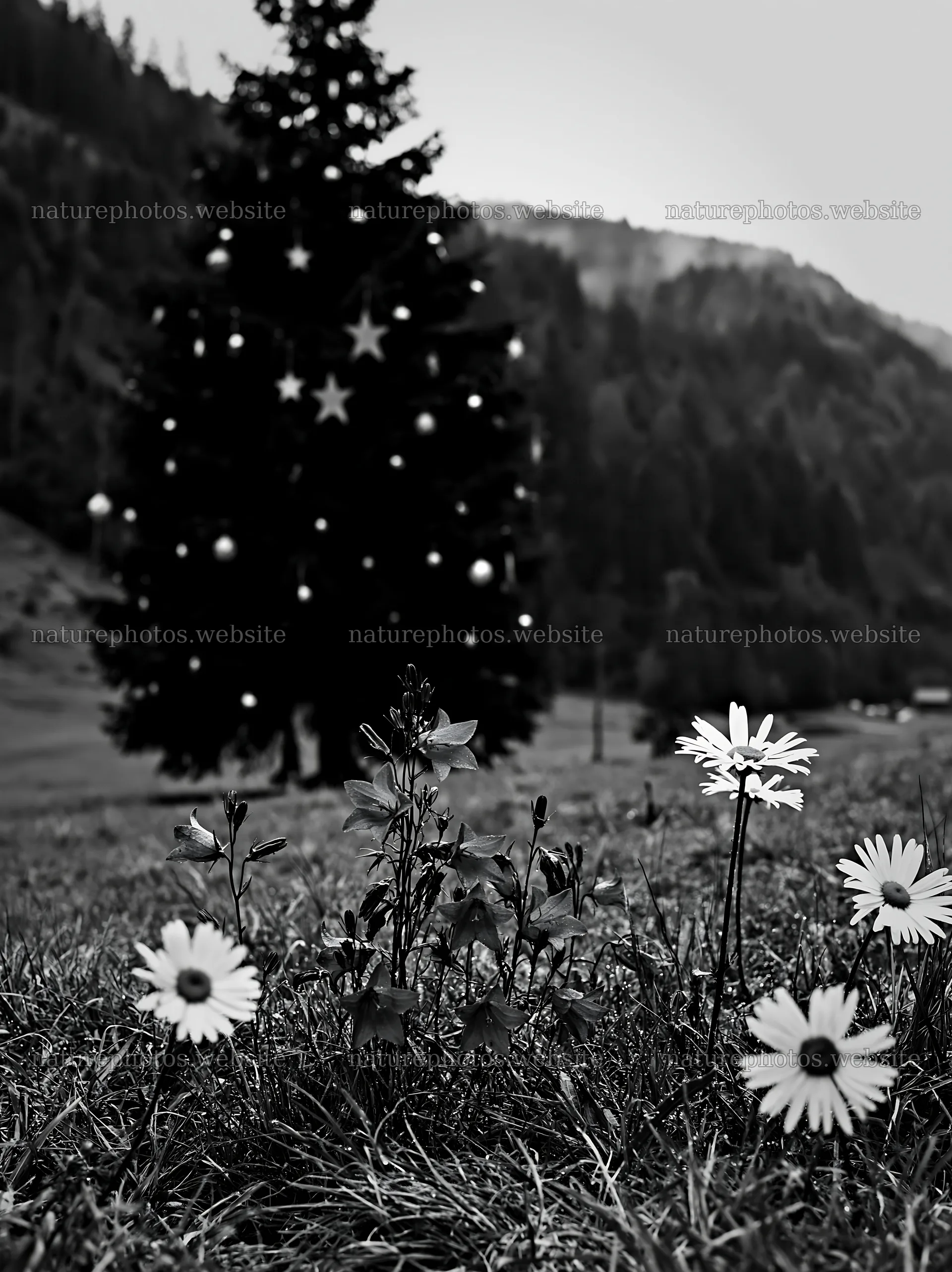 Christmas tree with ornaments in valley meadow – nature photos 6866x9174