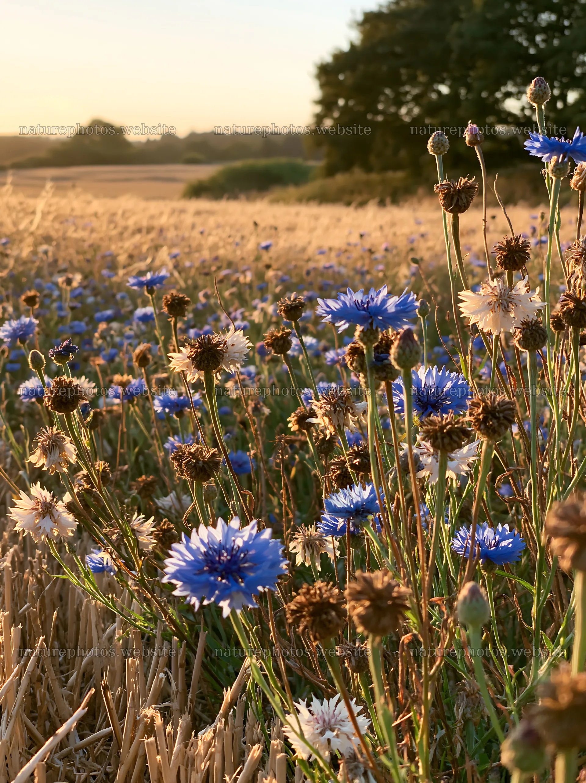 Colorful cornflower meadow at sunset in rural landscape – nature photos 6866x9174