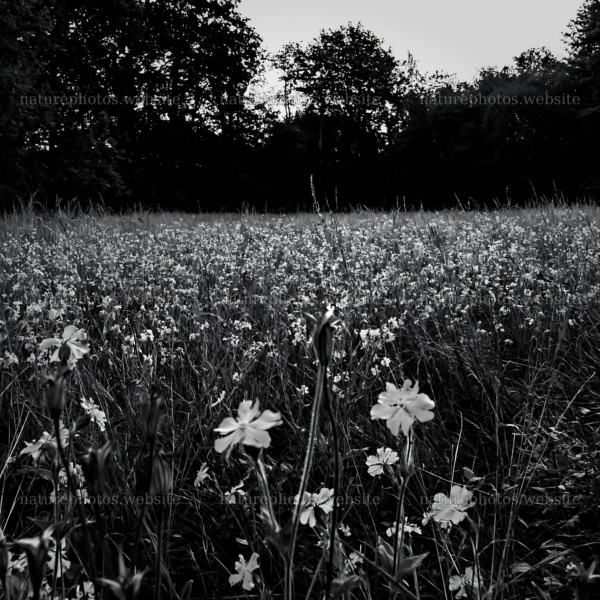 Flowers in a meadow at the forest edge during dusk – nature photos 7938x7938