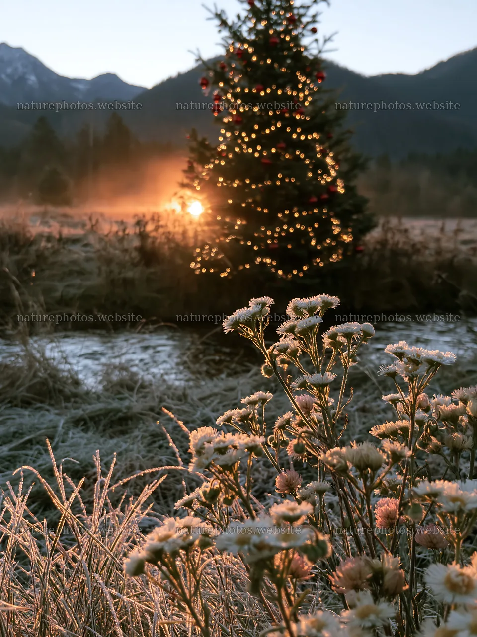 Christmas tree with lights beside stream in meadow at sunset – nature photos 6866x9174