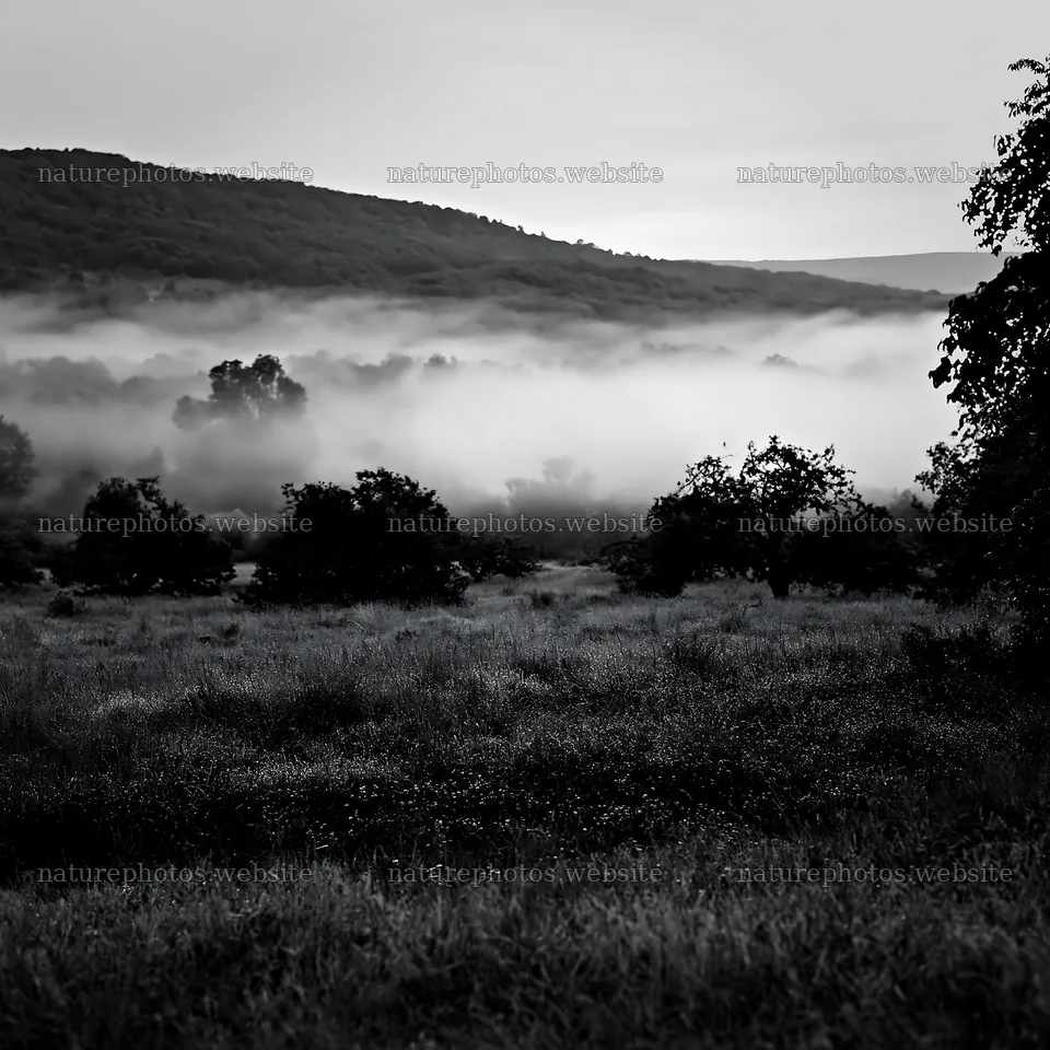 Valley apple meadow with misty hills at sunrise – nature photos 7938x7938