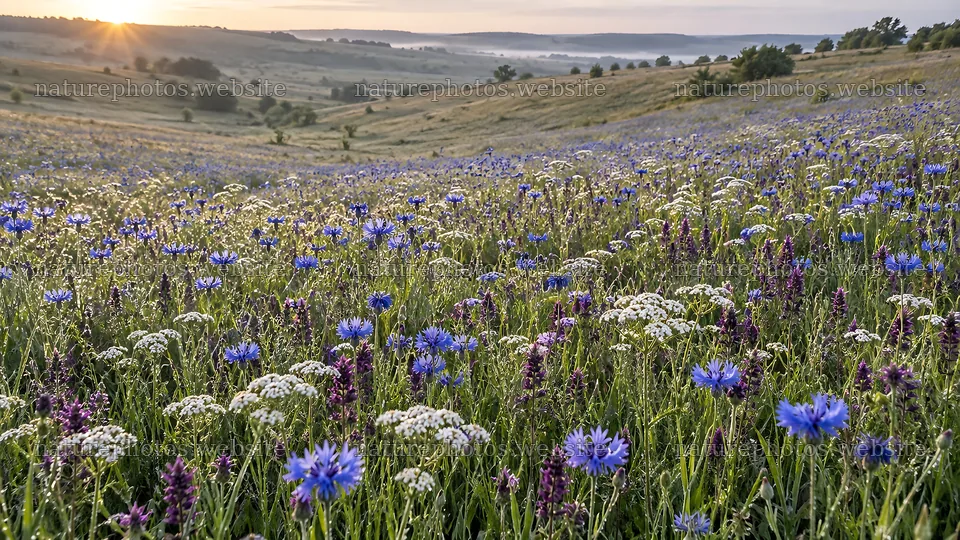 Wildflower Meadow on Rolling Hills at Sunrise – nature photos 10324x5812