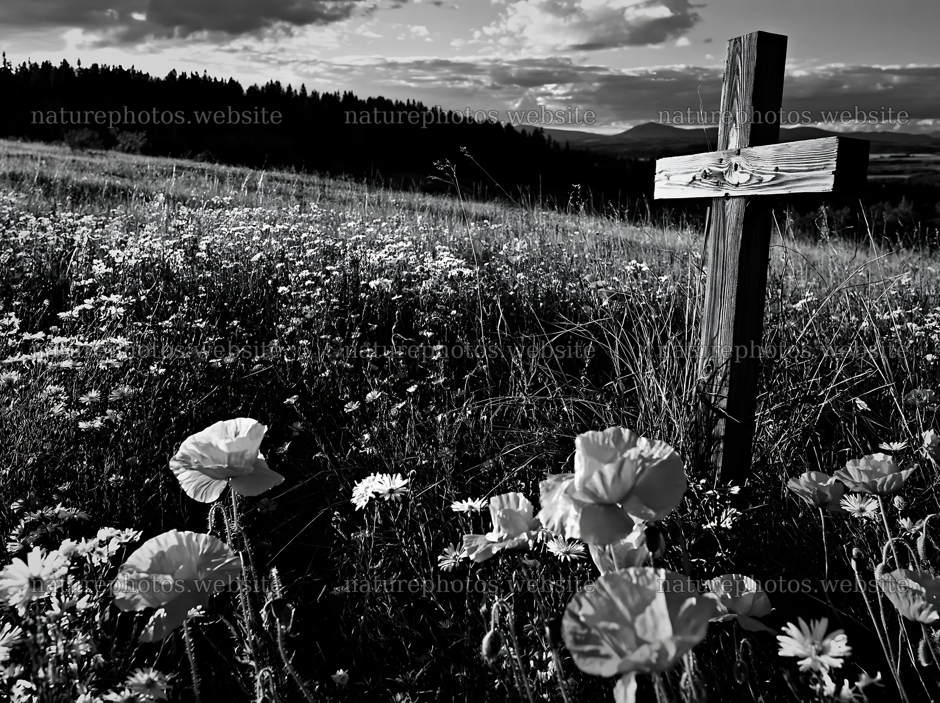 Wooden cross in a meadow surrounded by flowers – nature photos 9174x6866