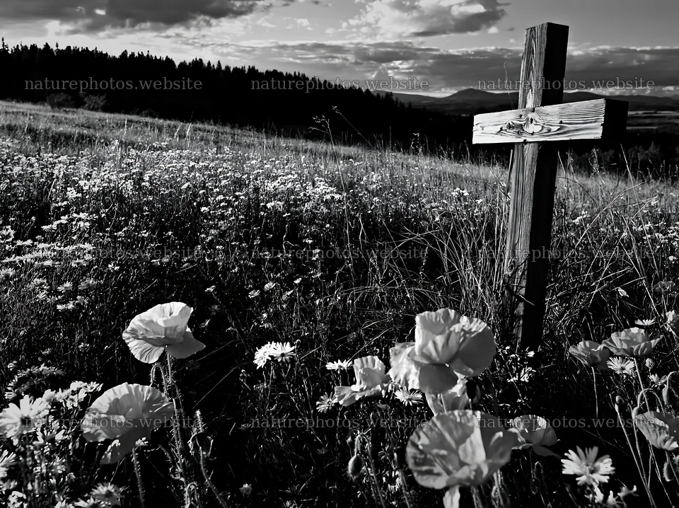 Wooden cross in a meadow surrounded by flowers – nature photos 9174x6866