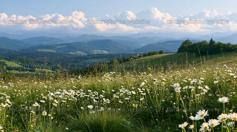 Clover speedwell in a meadow with rolling hills and mountains – nature photos 10608x5938