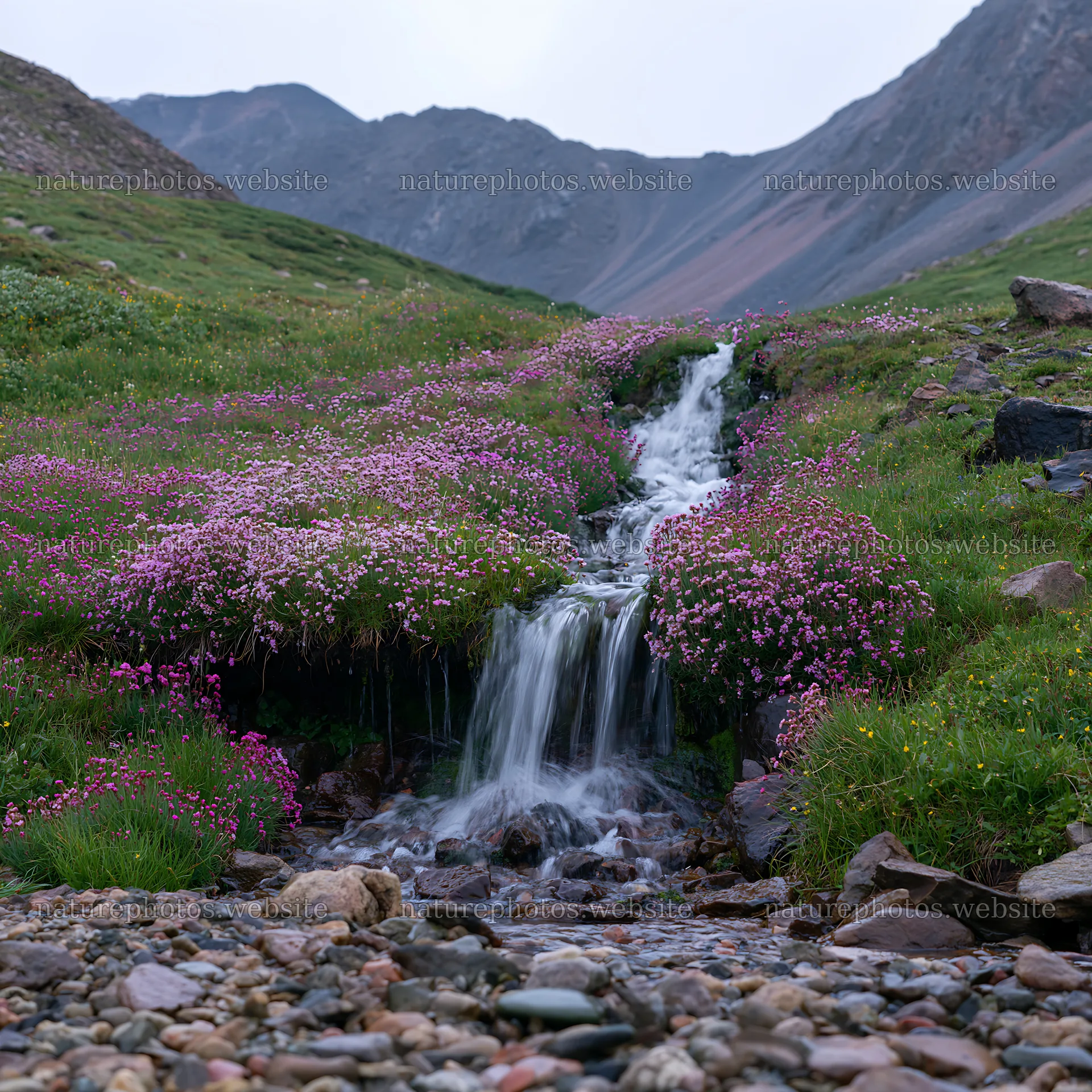Alpine waterfall surrounded by flower meadow under cloudy sky – nature photos 7938x7938