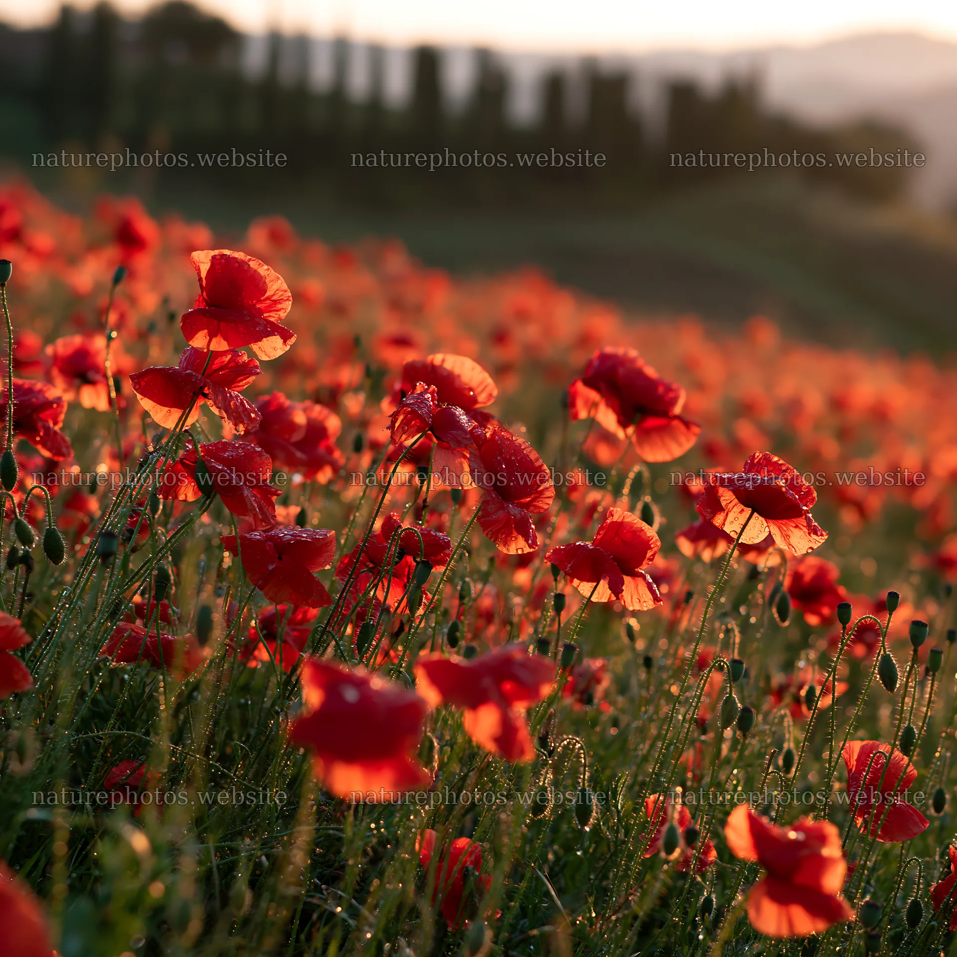 Rainwashed meadow with red flowers at dawn – nature photos 7938x7938