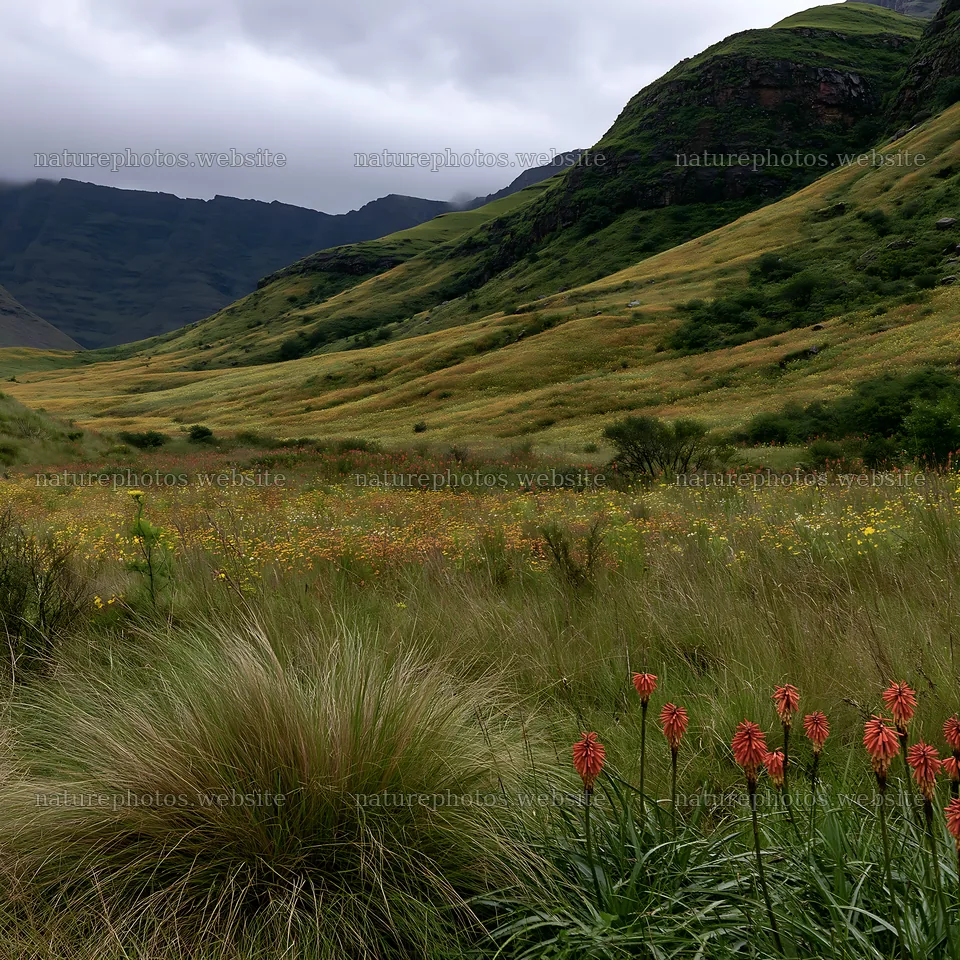 Biodiverse meadow with flowers and hills under cloudy sky – nature photos 7938x7938