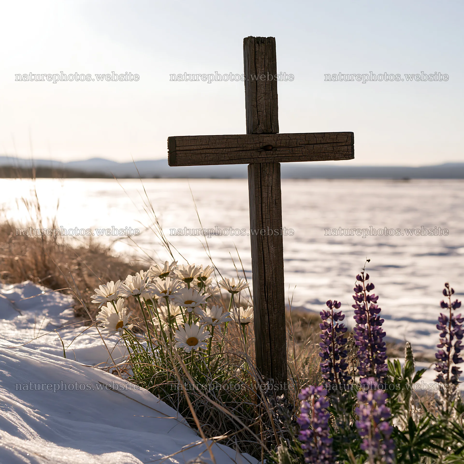 Weathered Christian cross in snowy meadow with flowers – nature photos 7938x7938