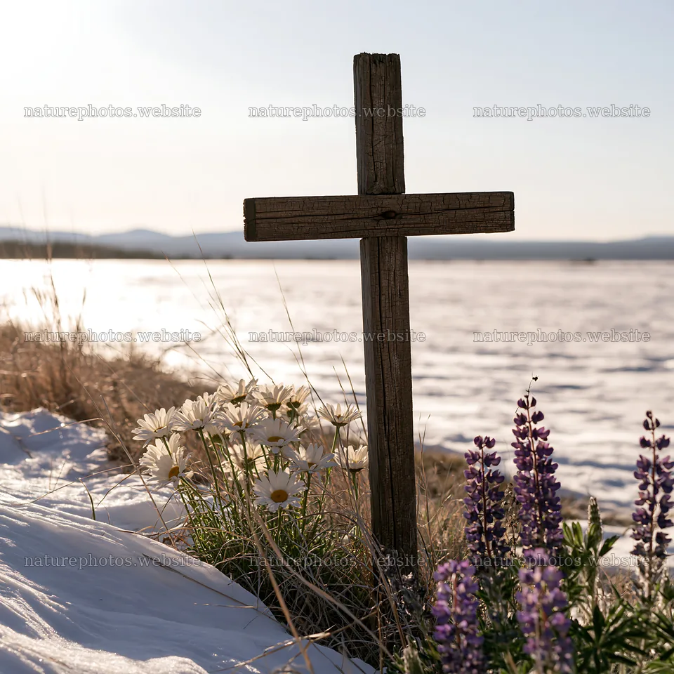 Weathered Christian cross in snowy meadow with flowers – nature photos 7938x7938