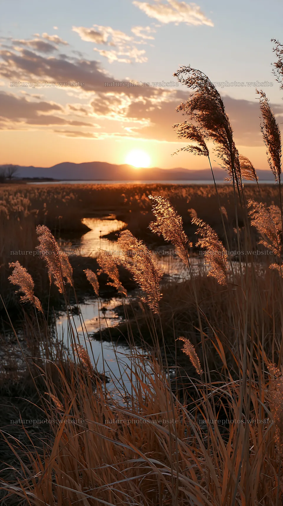Shiga wetland meadow climate adaptation reeds at sunset – nature photos 5938x10608