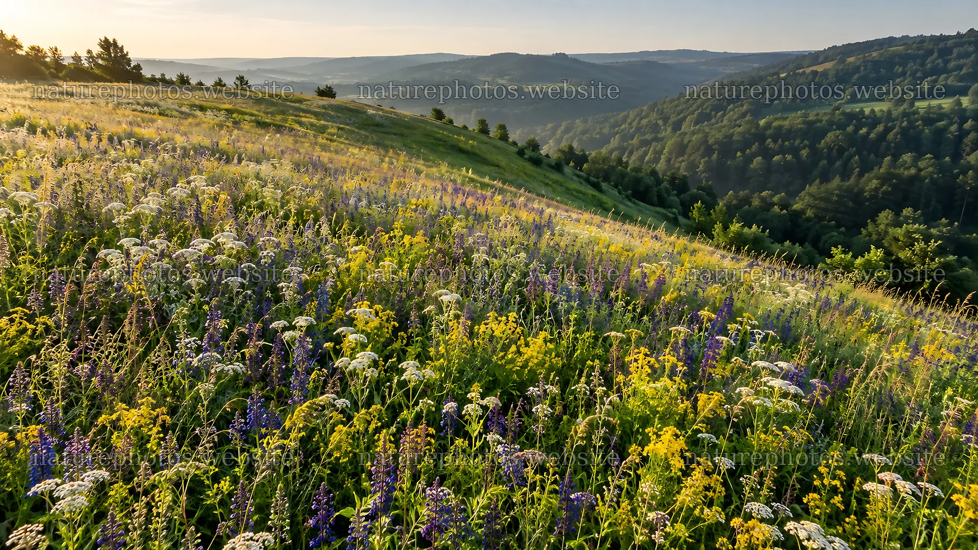 Wildflower Meadow on a Sunlit Hillside – nature photos 10324x5812