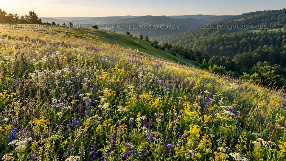 Wildflower Meadow on a Sunlit Hillside – nature photos 10324x5812
