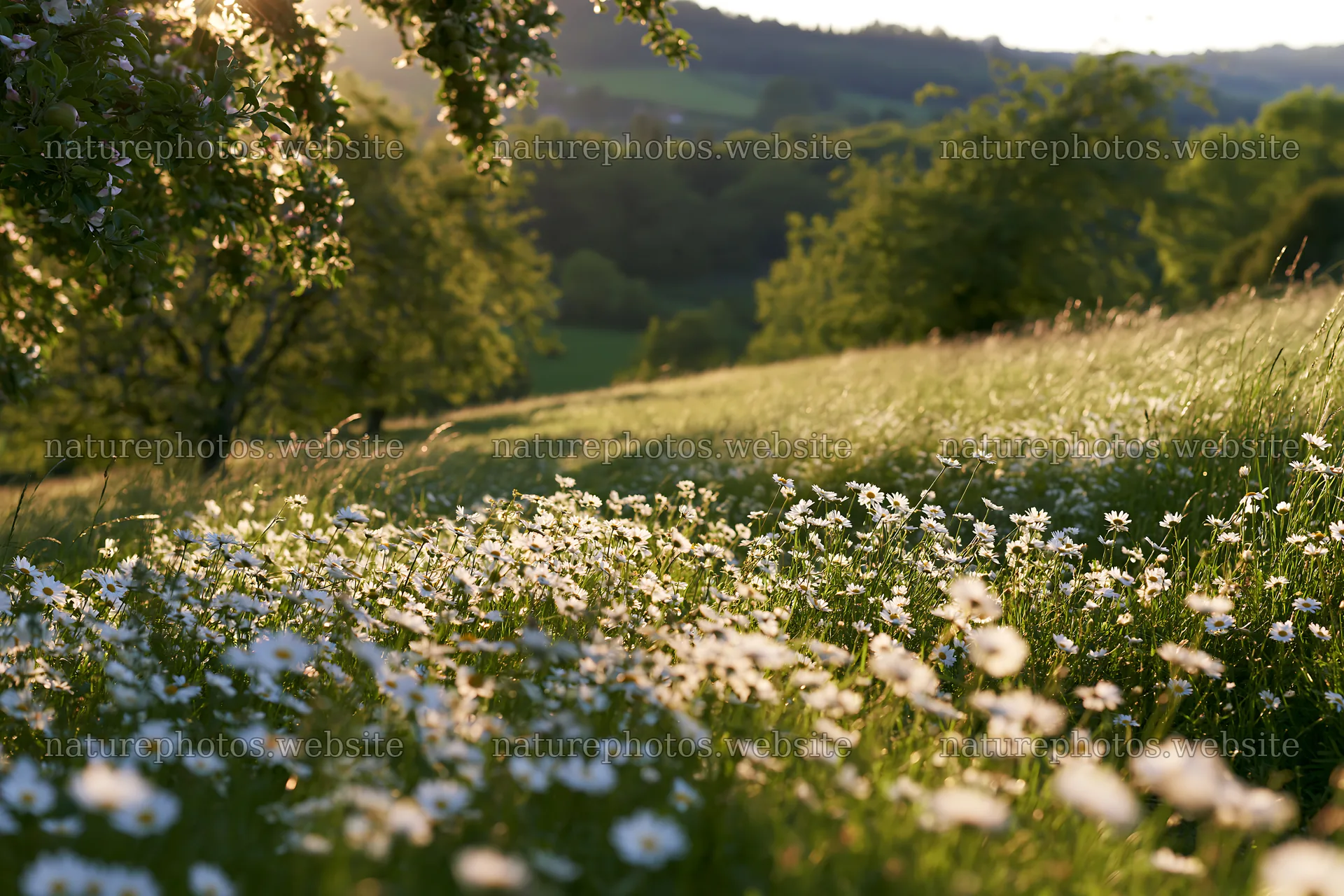 Daisy apple meadow in sunlight with distant hills – nature photos 9722x6480